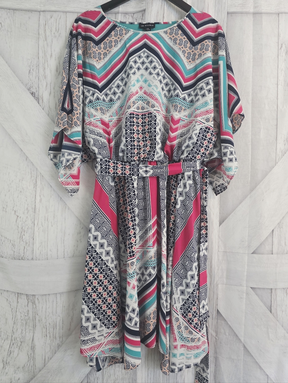 I.N. Studio Multicolor Print Dress Size 16 Belted Flow Dress